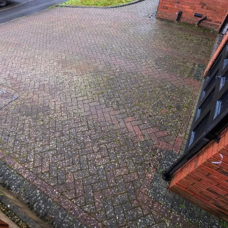 Red block paved driveway before cleaning, green with moss and algae