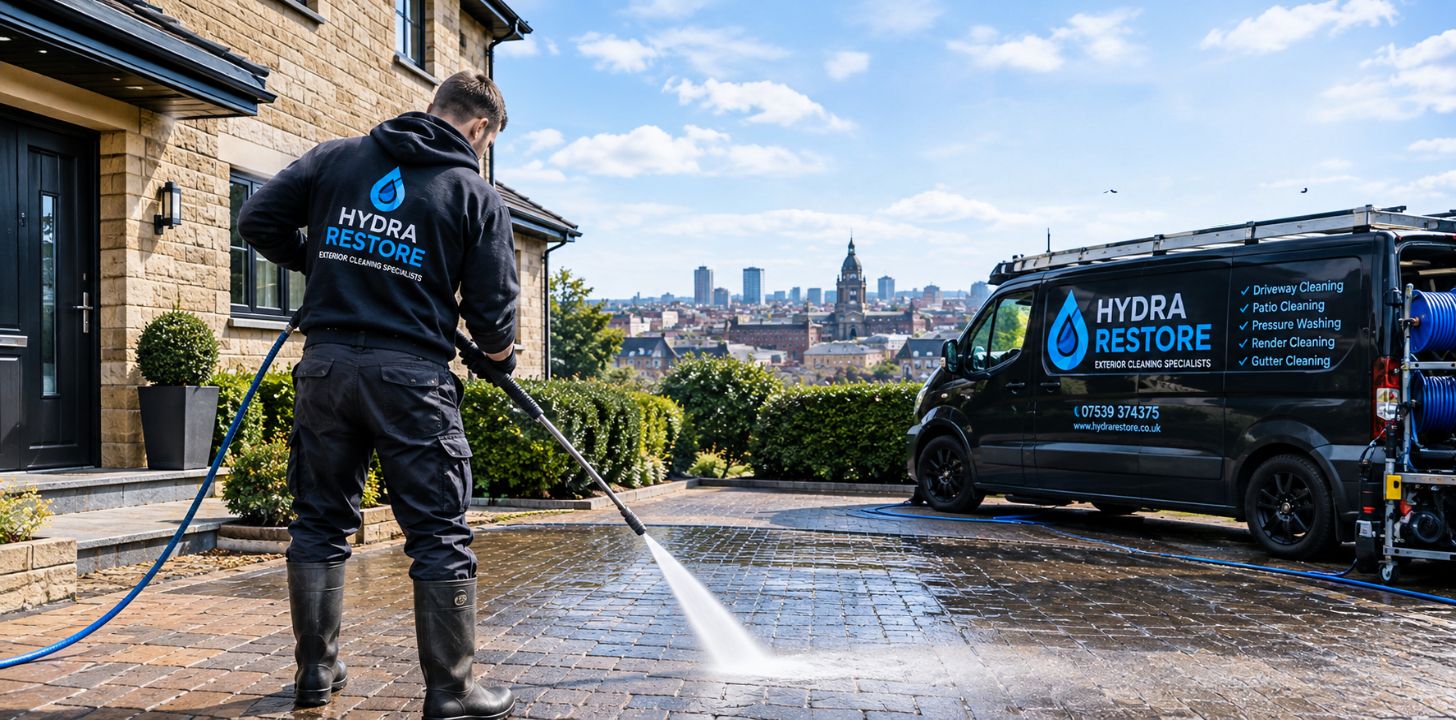 Hydra Restore branded illustration of a driveway being pressure washed in Leeds